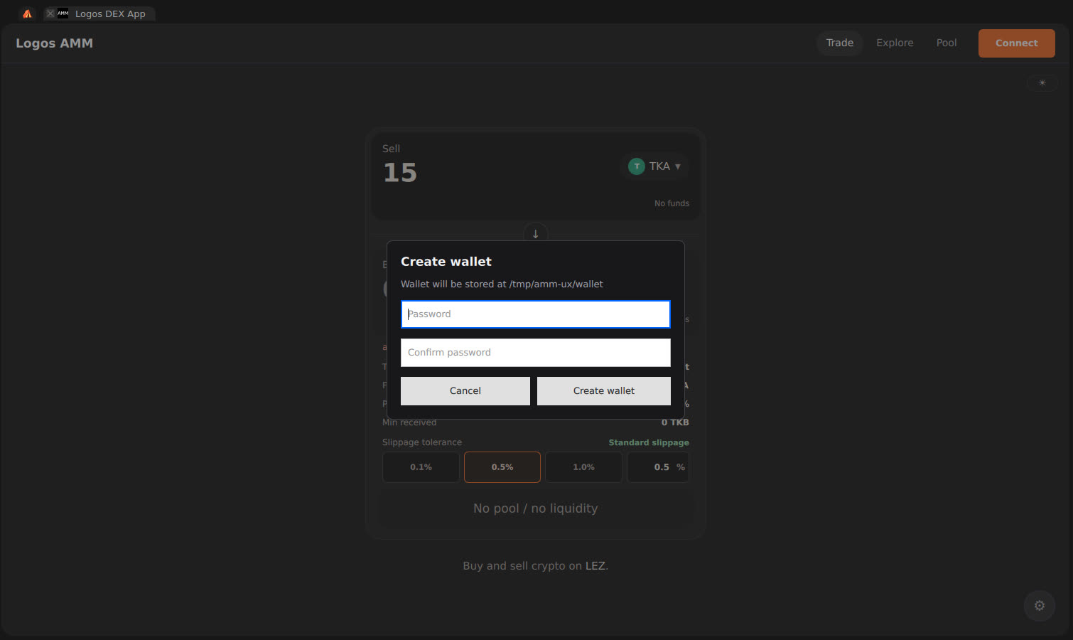 Unstyled create wallet dialog
