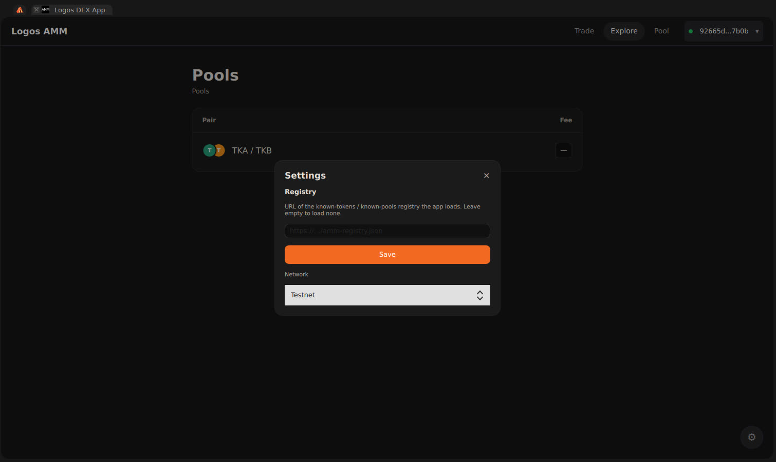 Settings modal with empty registry URL