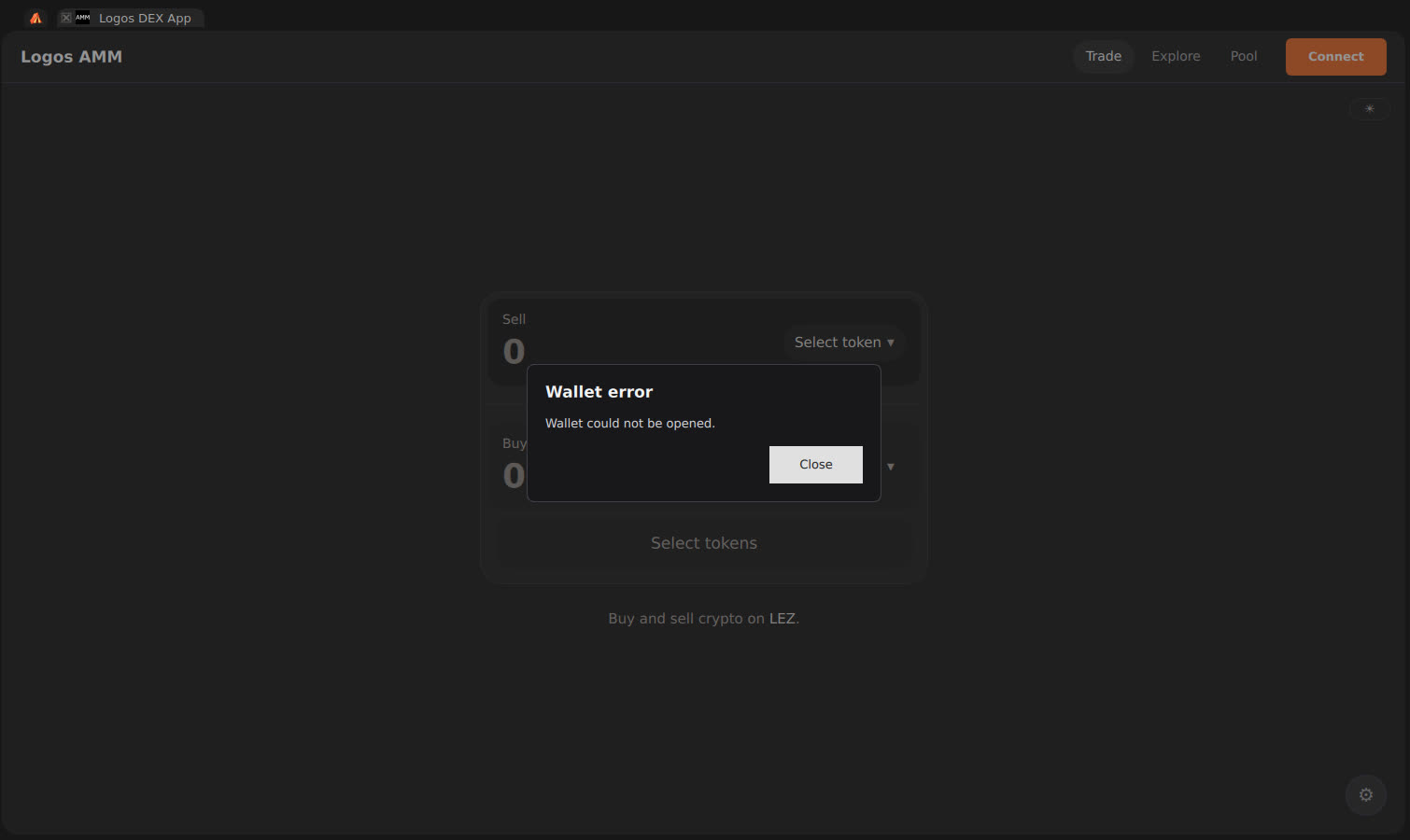 Wallet error dialog: Wallet could not be opened
