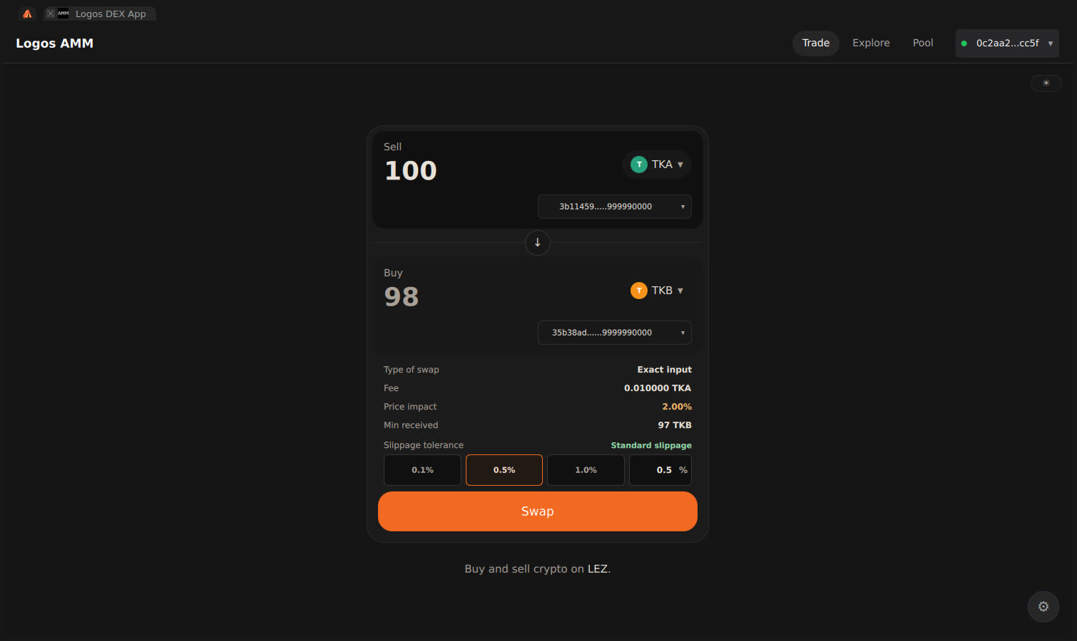 Swap quote 100 TKA to 98 TKB