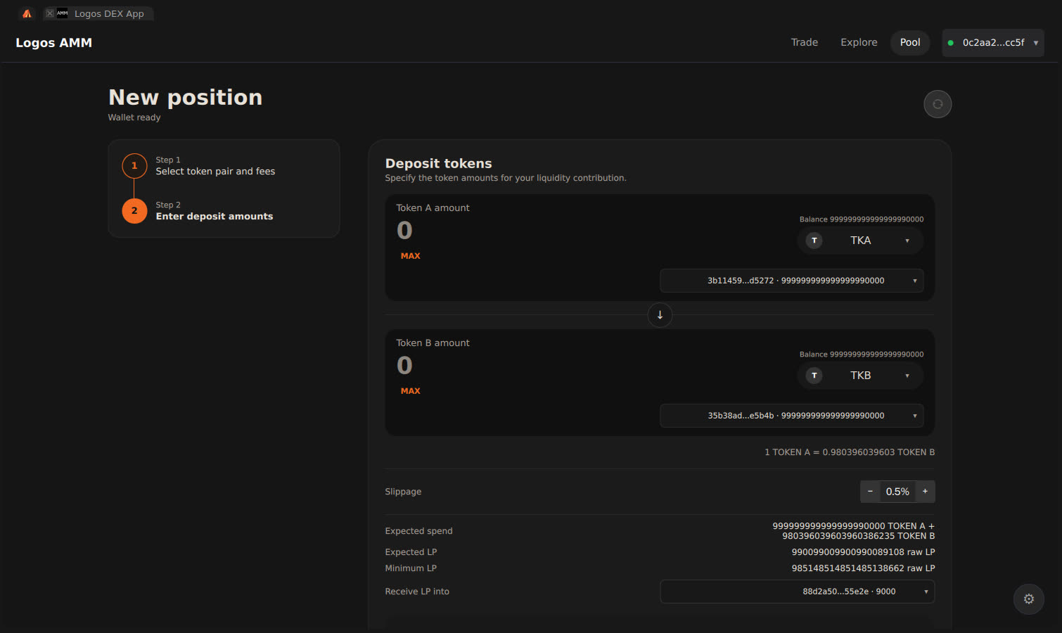 Add liquidity summary showing full-balance spend with zero inputs