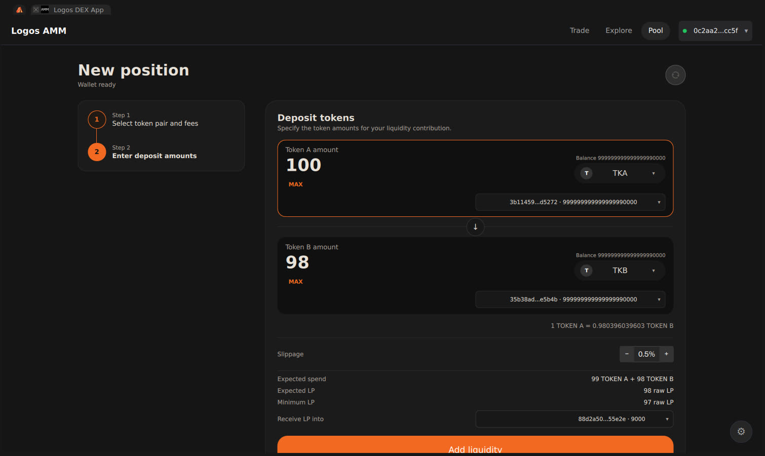 Add liquidity summary correct with 100 entered