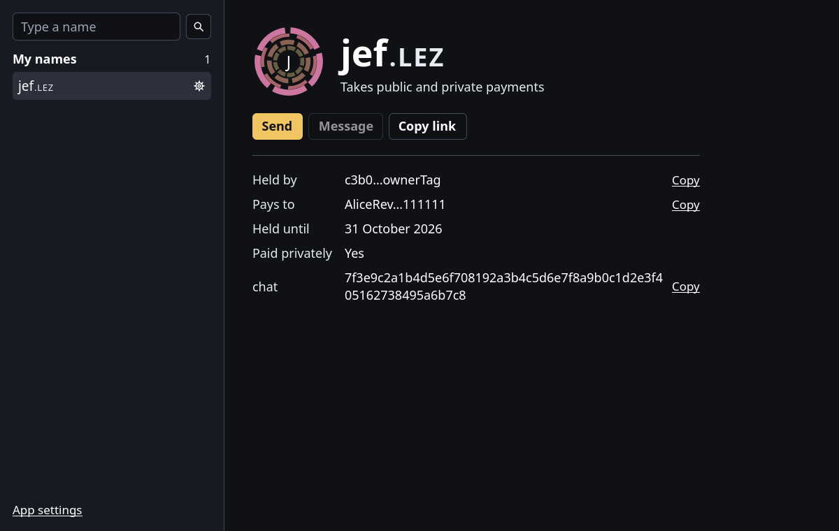 A resolved name's detail screen