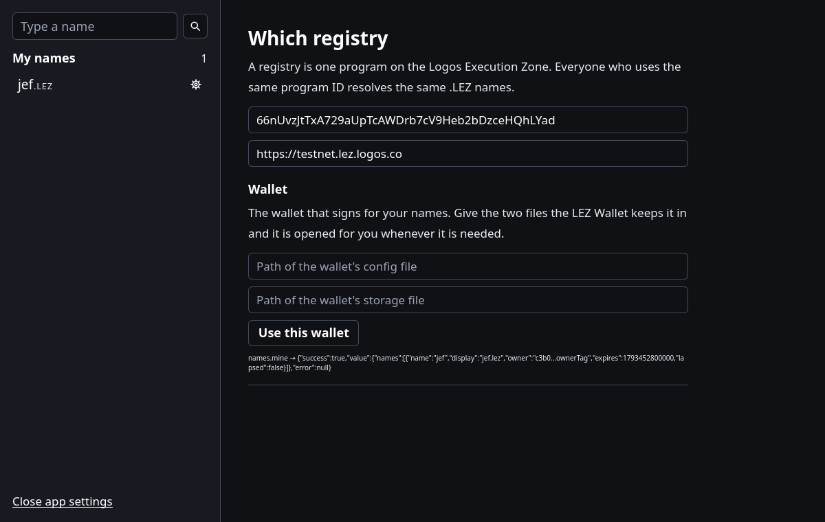 The registry settings screen